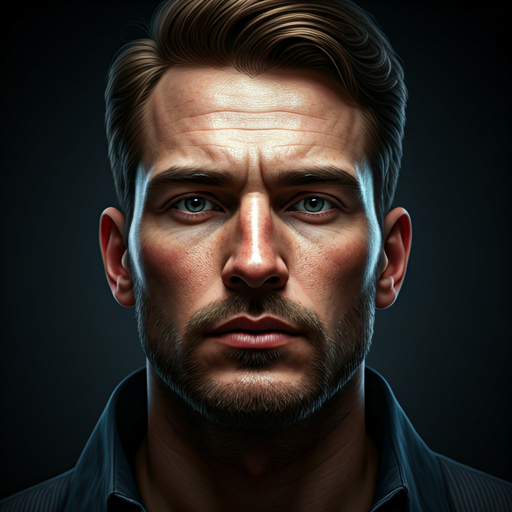A professional male headshot with extreme skin detail, shot on 85mm lens. The lighting is a classic Rembrandt style with deep shadows on one side of the face and a crisp catchlight in the eyes. Dark graphite background, sharp focus on facial features, industrial technical aesthetic.