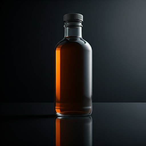 A minimalist product shot of a glass bottle on a reflective black surface. The lighting is hard and focused, creating sharp highlights and defined edges. The color palette is strictly monochromatic with amber liquid inside the bottle, matching the industrial technical brand style.