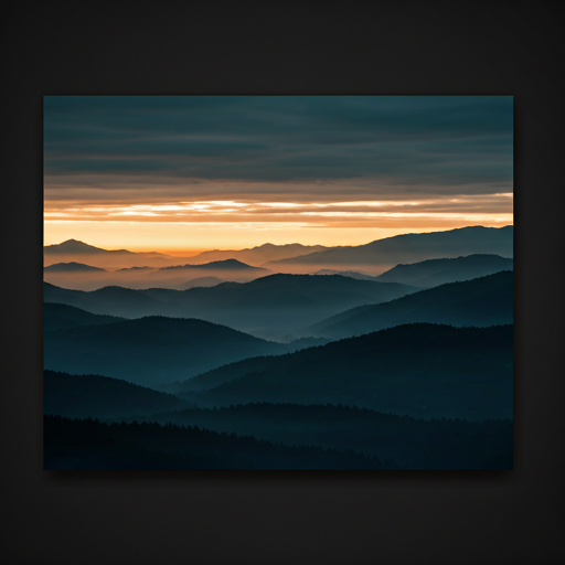 An atmospheric landscape with mountain silhouettes against a foggy sunrise. The lighting is diffused and moody, with layers of depth created by the mist. The palette consists of deep graphite tones and warm paper highlights in the sky, reflecting a refined brutalist design.